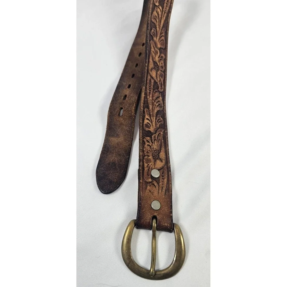 Vintage Handtooled Leather Belt Youth Sz S (17-22) Brown Flowers Brass Buckle